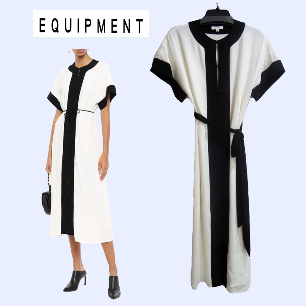 EQUIPMENT NEW CLAUDINE Minimalist Salt/Pepper Billowing Sleeve Midi Dress S